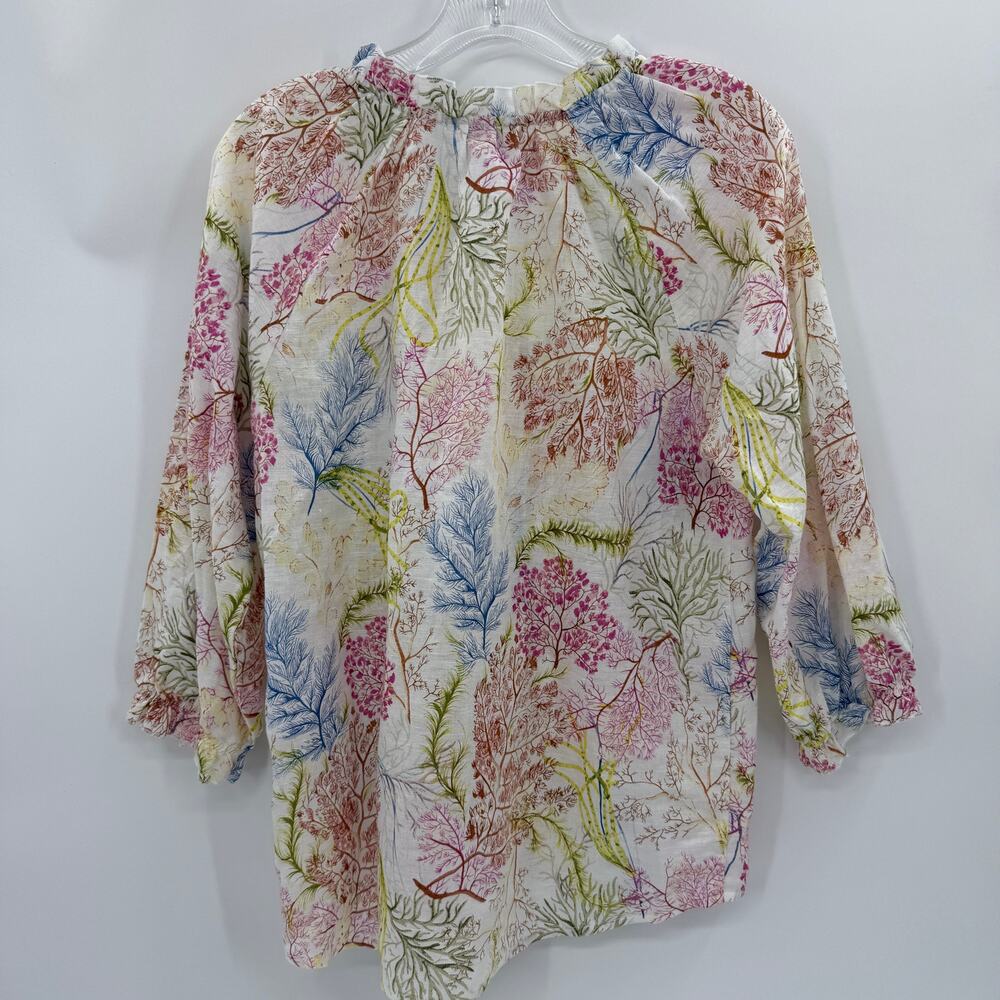 HESTER & ORCHARD Linen Blend Blouse Size S Pastel Flora 3/4 Sleeve V-Neck Ruffle - Picture 4 of 7